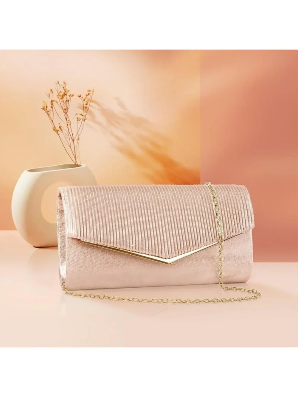 Bling Envelope Clutch Purse for Women, Vertical Lines Evening Bag w/Chain